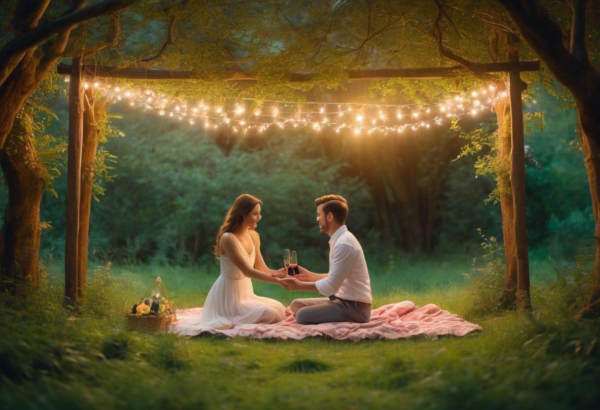 A beautiful couple sharing a tender moment in a hidden forest glade, surrounded by softly glowing fairy lights and lush greenery. The couple is holding hands, with a scenic sunset casting warm hues over their romantic picnic setup. Enveloping aromas of flowers and a vintage wine bottle nearby evoke an enchanting atmosphere. The scene captures the essence of love and adventure in secret getaways. vibrant colors. dreamy atmosphere. 3D.